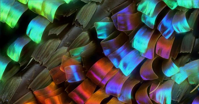 Madagascan Sunset Moth wing scales, Chrisirida ripheus / Urania ripheus, extreme macro closeup in motion