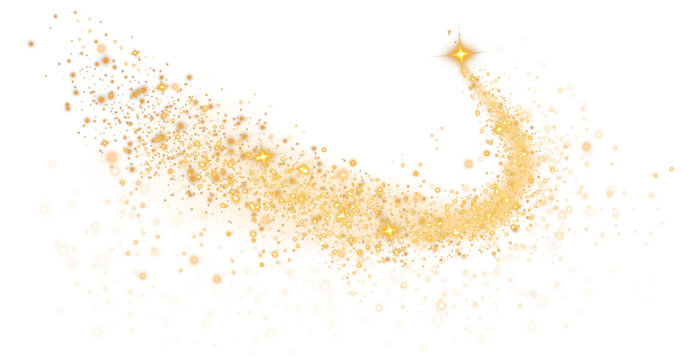 The golden dust sparks and golden stars shine with special light. Sparkling magical dust particles. Abstract light lines of motion and speed, with flying dust glitter. Light golden line. PNG.