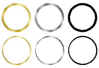 Set of black, golden and silver round frames. Vector frame isolated on white. Frame for text, certificate, pictures, diploma, invitation. Golden ring isolated on white. Worn, old frames