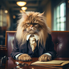 Domestic cat dressed in suit. Furry lawyer works in the courtoom.Funny pets concept