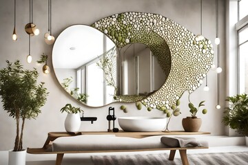 Modern mirror in the shape of pebbles hanging on the wall reflecting interior design scene, bright bathroom with olive tree - obrazy, fototapety, plakaty