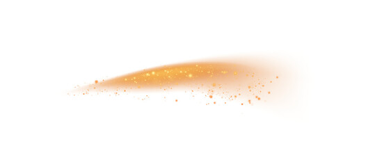 The golden dust sparks and golden stars shine with special light. Sparkling magical dust particles. Abstract light lines of motion and speed, with flying dust glitter. Light golden line. PNG.