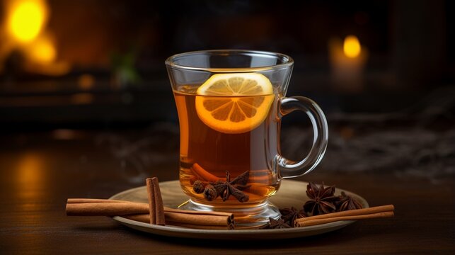 an image of a classic hot toddy in a glass mug with a cinnamon stick