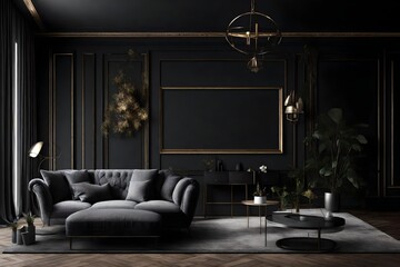 Sofa in classic black interior. 3D render interior mock up.