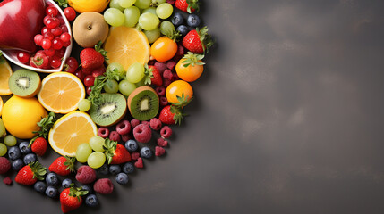 Naklejka na ściany i meble heart shape by various vegetables and fruits on black stone background