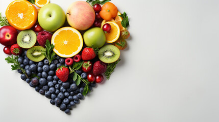 heart shape by various vegetables and fruits on white stone background - obrazy, fototapety, plakaty