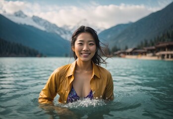 Girl swim in the lake, snow lake and mountain on the background