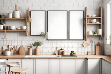Mock up poster frame in kitchen interior, Scandi-boho style