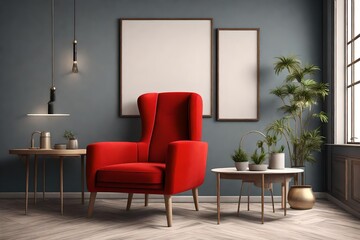 Mock up poster in the interior with a red chair and a table, 3D render, 3d illustration