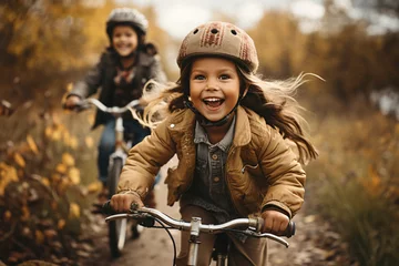 Foto op Canvas Zwei fröhlich lachende Kinder machen einen Herbstausflug auf Fahrrädern © lifesafari