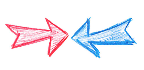 Icon red and blue arrow hand draw wooden crayons isolated on white, clipping path
