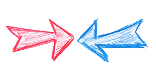 Icon red and blue arrow hand draw wooden crayons isolated on white, clipping path