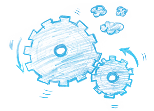 Icon technology, blue gears hand draw wooden crayons isolated on white, clipping