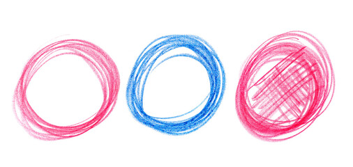 Icon red and blue circle hand draw wooden crayons isolated on white, clipping path