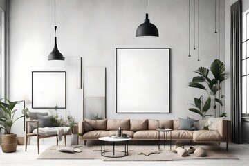 Mock up poster frame in modern interior background, livingroom, Scandinavian style, 3D rende