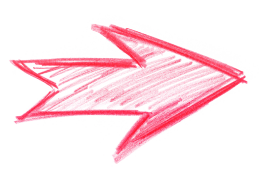 Icon red arrow hand draw wooden crayons isolated on white, clipping