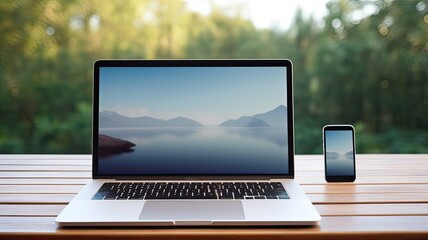 Laptop and Smart phone on Wooden Outdoor Table