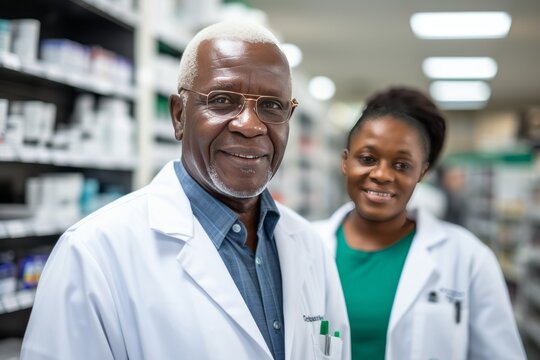 Male and female pharmacists of African descent at pharmacy look at the camera and smile