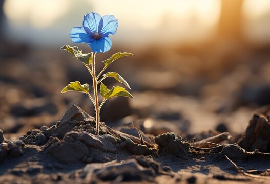 Symbol of resilience: a lonely blue flower blooming in a dry desert under the setting sun
