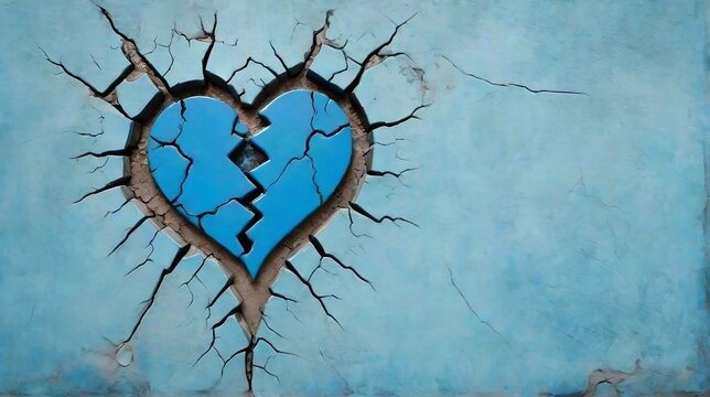 A break in the wall exposes a broken blue heart. Revealing Heartbreaking, divorce,  sad,  and failure. conceptual illustration.