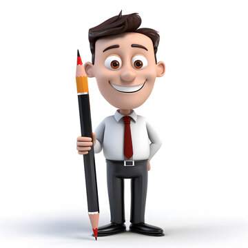 business man holding a pencil 3d cartoon on a white background