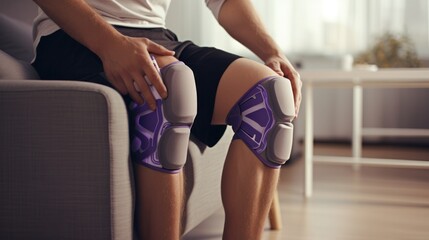 Man wearing black knee brace due to ACL injury while using orthopedic knee support at home for joint fixation, pain relief, and prevention of further injuries