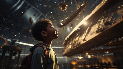 Young African American Child Student Looking Up at Spacecraft. Field Trip at Museum. Concept of Learning, History, Space, Technology. - obrazy, fototapety, plakaty