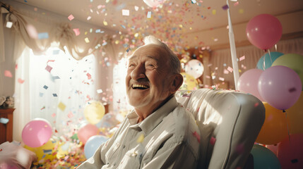 Obraz na płótnie Canvas Old Man in Hospital Bed With Confetti and Balloons. Birthday Party Celebration. Sterile White Room. Concept of Joy, Happy, Celebrate, Excitement, Coming Together.