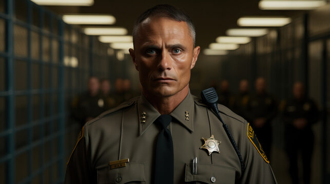 Prison Guard Portrait Jail Setting Portrait. Officer in Uniform. Concept of Solitary, Confinement, Law, Warden, and Incarceration