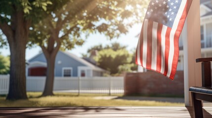 Patriotic American Flag Adorning Porch in Picturesque Setting.