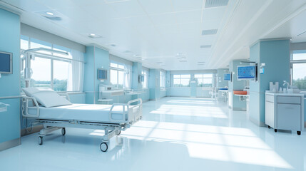 Empty white clean and pristine hospital. Concept of Sterile environment, medical facility, empty wards, healthcare setting, clinical cleanliness, sanitized spaces, hospital ambiance.