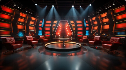 Empty Game Show Talk Show Set With Stage Lights, Chairs, and a Table. Concept of Television Production, Studio Ambiance, Entertainment Setup, Stage Lighting, Talk Show Atmosphere, Showbiz Setting. - obrazy, fototapety, plakaty
