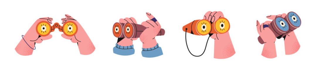 Hands hold binoculars, look into it with eyes, observe, look for work, see, spy, explore. Cartoon illustration in 90s retro groovy style.