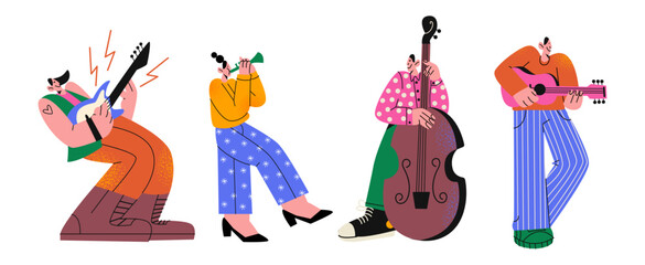 Cartoon retro musical characters in the style of the 90s. people play musical instruments.	Guitarist, violinist, rock singer, trumpeter. Concept of a musical concert, acid groovy people