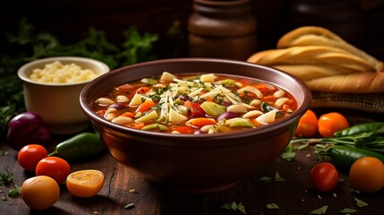an image of a colorful bowl of minestrone soup with a medley of vegetables and pasta - obrazy, fototapety, plakaty