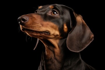 A close up of a dog with a black background. Happy Dachshund dog.