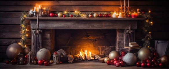 A Cozy Christmas Fireplace with Festive Ornaments and Warm Candlelight