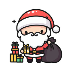 Vector cartoon illustration of cute traditional Santa Claus character with bag of gifts. Christmas winter holiday design element.