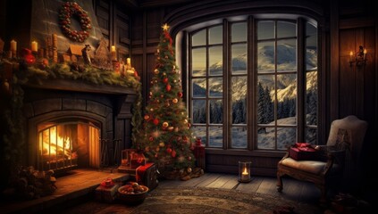 Obraz na płótnie Canvas A Cozy Christmas Living Room with a Festive Tree and Warm Fireplace