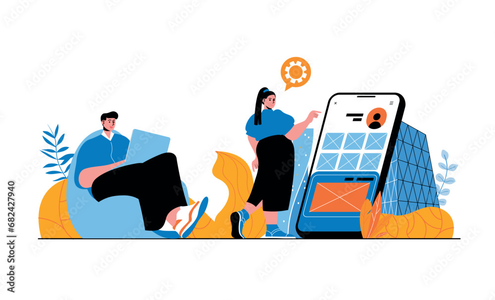Poster app development web concept with people in flat cartoon design. man and woman creating and engineeri