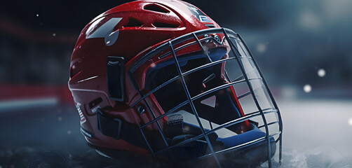 Closeup of red hockey protective helmet of goalkeeper against the backdrop of hockey arena on ice. - Powered by Adobe