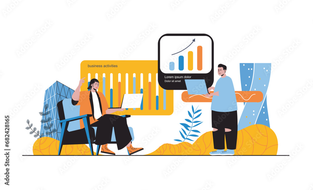 Aufkleber business web concept with people in flat cartoon design. colleagues making data analysis, discussing