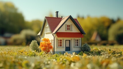 Miniature toy house background in green environment. Young family, real estate industry