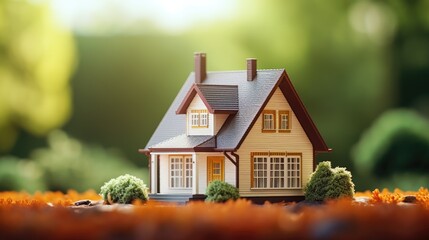 Miniature toy house background in green environment. Young family, real estate industry