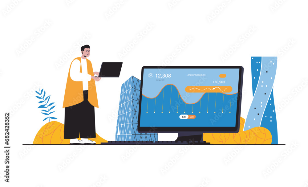 Aufkleber Cryptocurrency mining web concept with people in flat cartoon design. Man earning virtual money at crypto platform using digital farm. Vector illustration for social media banner, marketing material.
