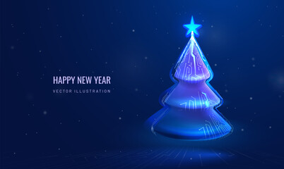 Christmas tree in technological style. Futuristic cyber Happy New Year greeting card. Winter holiday background
