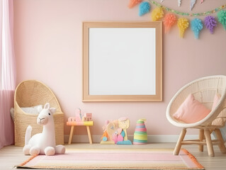 A mockup blank empty poster frame in children room background