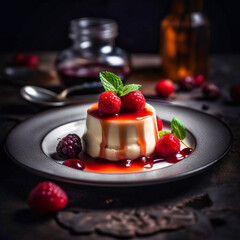 Close up photograph of a fancy panna cotta with strawberries.