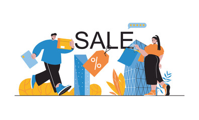 Discount sale web concept with people in flat cartoon design. Man and woman with shopping bags making purchases with bargain prices. Vector illustration for social media banner, marketing material.