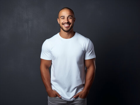 A mockup of a handsome young male model wearing a white T-shirt against a black background